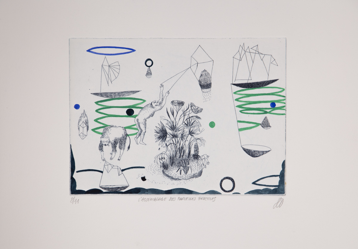 L'assemblage des parcelles fertiles - 2025 - Eau-forte sur papier - 15 x 20 cm - Hélène Duclos, Adagp